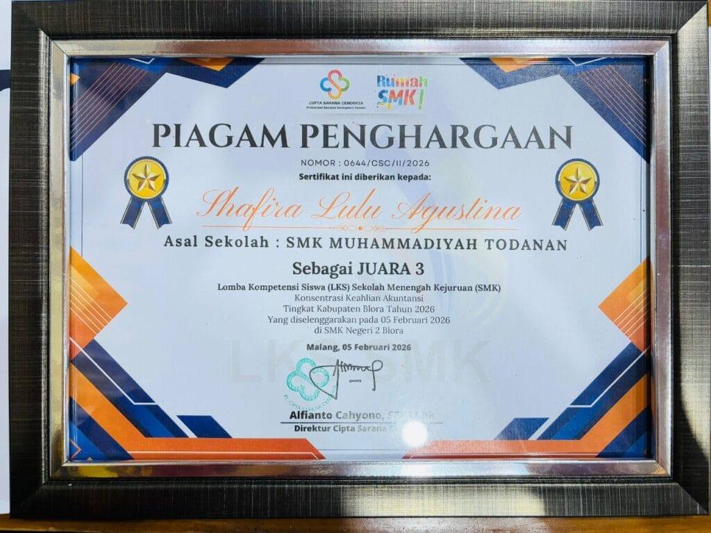 Piagam penghargaan Juara 3 LKS Accounting